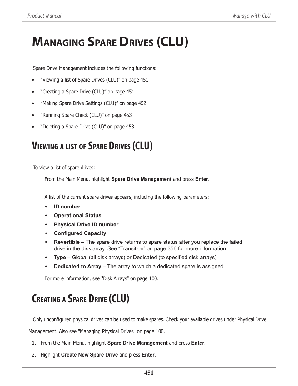 Managing spare drives (clu), Viewing a list of spare drives (clu), Creating a spare drive (clu) | Anaging, Pare, Rives, Clu), Iewing, List, Clu) 451 | Promise Technology 2-Year Extended Warranty for VessR2000 RAID Head User Manual | Page 478 / 705