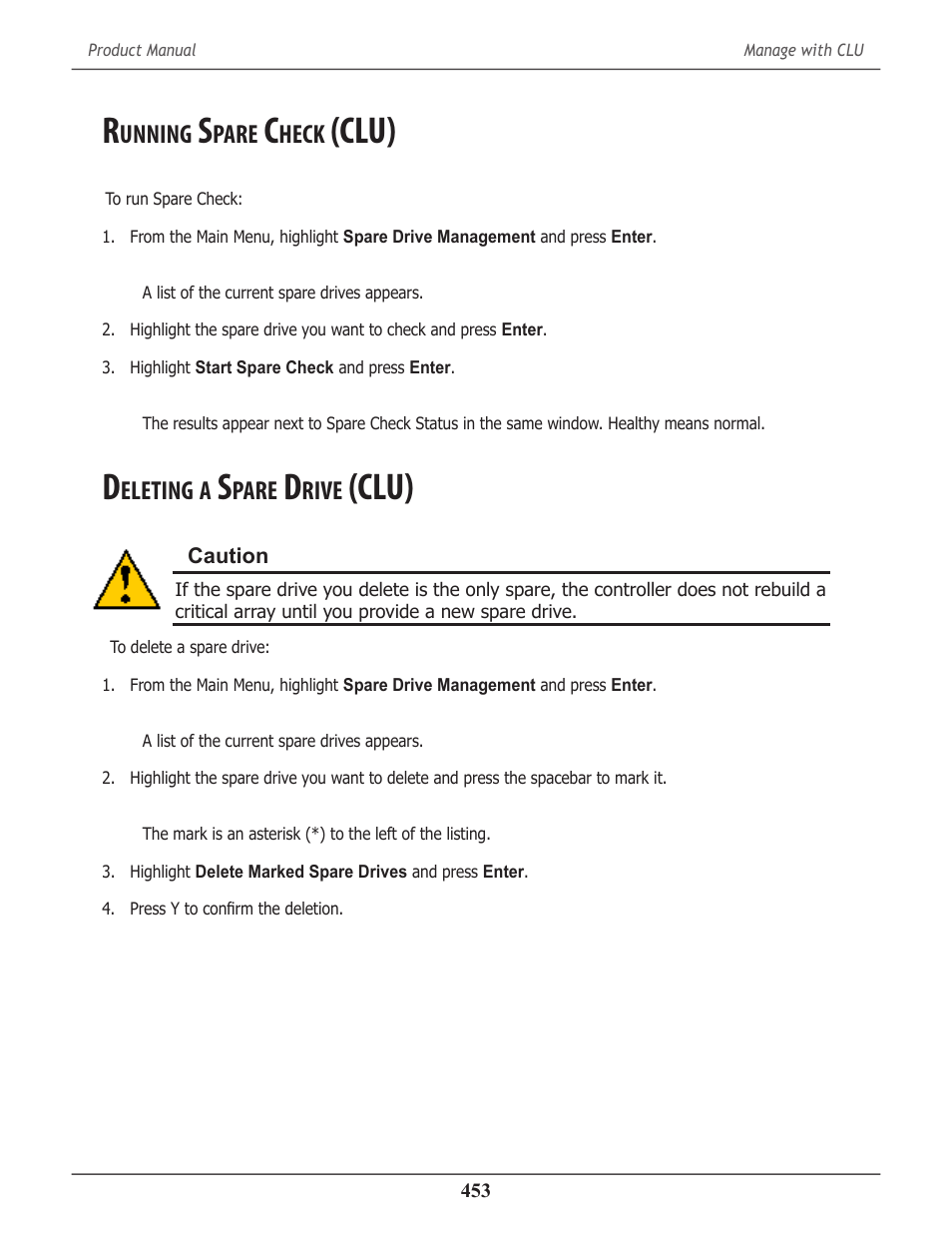 Running spare check (clu), Deleting a spare drive (clu), Unning | Pare, Heck, Clu) 453, Eleting, Rive, Clu) | Promise Technology 2-Year Extended Warranty for VessR2000 RAID Head User Manual | Page 480 / 705