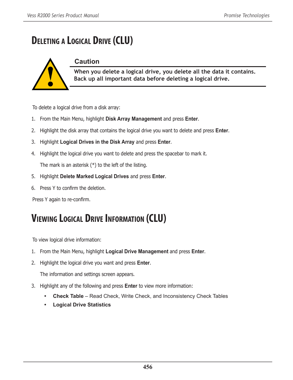 Deleting a logical drive (clu), Viewing logical drive information (clu), Eleting | Ogical, Rive, Clu), Iewing, Nformation | Promise Technology 2-Year Extended Warranty for VessR2000 RAID Head User Manual | Page 483 / 705