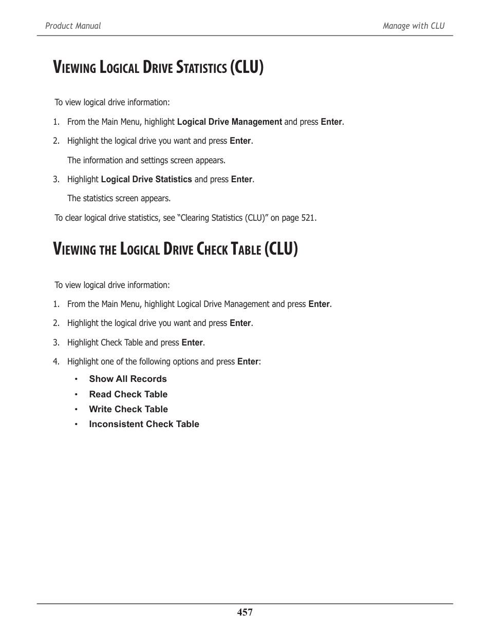Viewing logical drive statistics (clu), Viewing the logical drive check table (clu), Iewing | Ogical, Rive, Tatistics, Clu) 457, Heck, Able, Clu) | Promise Technology 2-Year Extended Warranty for VessR2000 RAID Head User Manual | Page 484 / 705