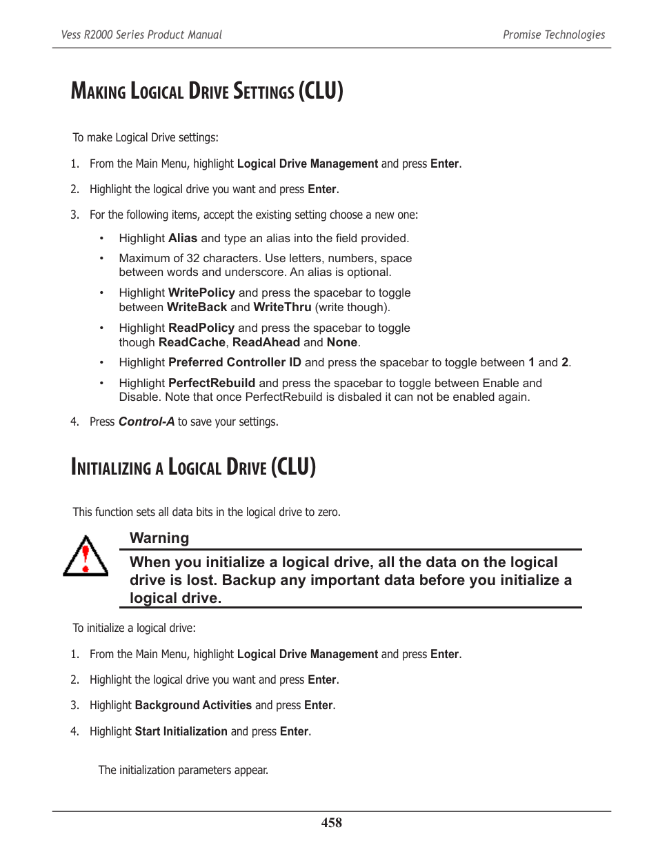 Making logical drive settings (clu), Initializing a logical drive (clu), Aking | Ogical, Rive, Ettings, Clu) 458, Nitializing, Clu) | Promise Technology 2-Year Extended Warranty for VessR2000 RAID Head User Manual | Page 485 / 705