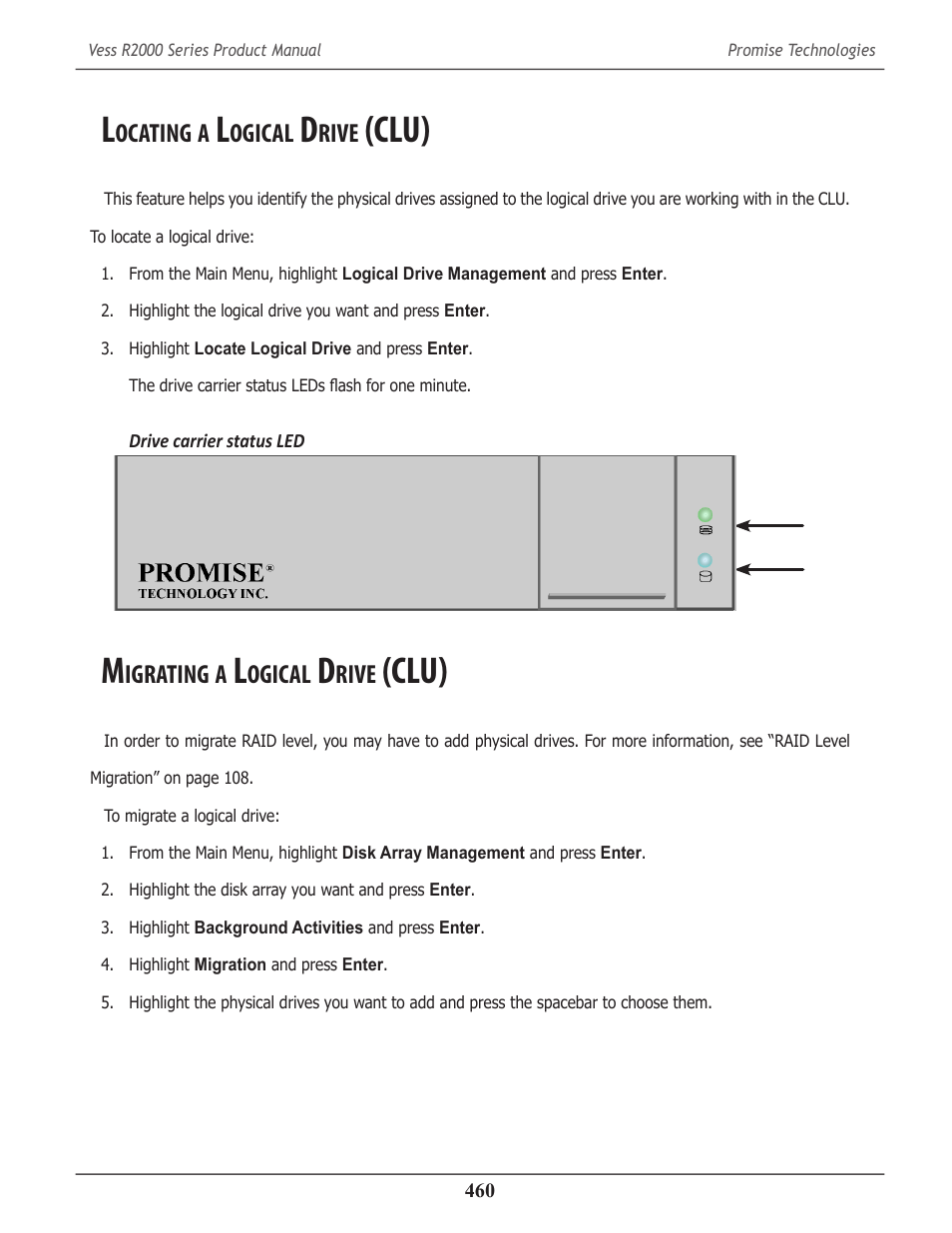 Locating a logical drive (clu), Migrating a logical drive (clu), Ocating | Ogical, Rive, Clu), Igrating | Promise Technology 2-Year Extended Warranty for VessR2000 RAID Head User Manual | Page 487 / 705