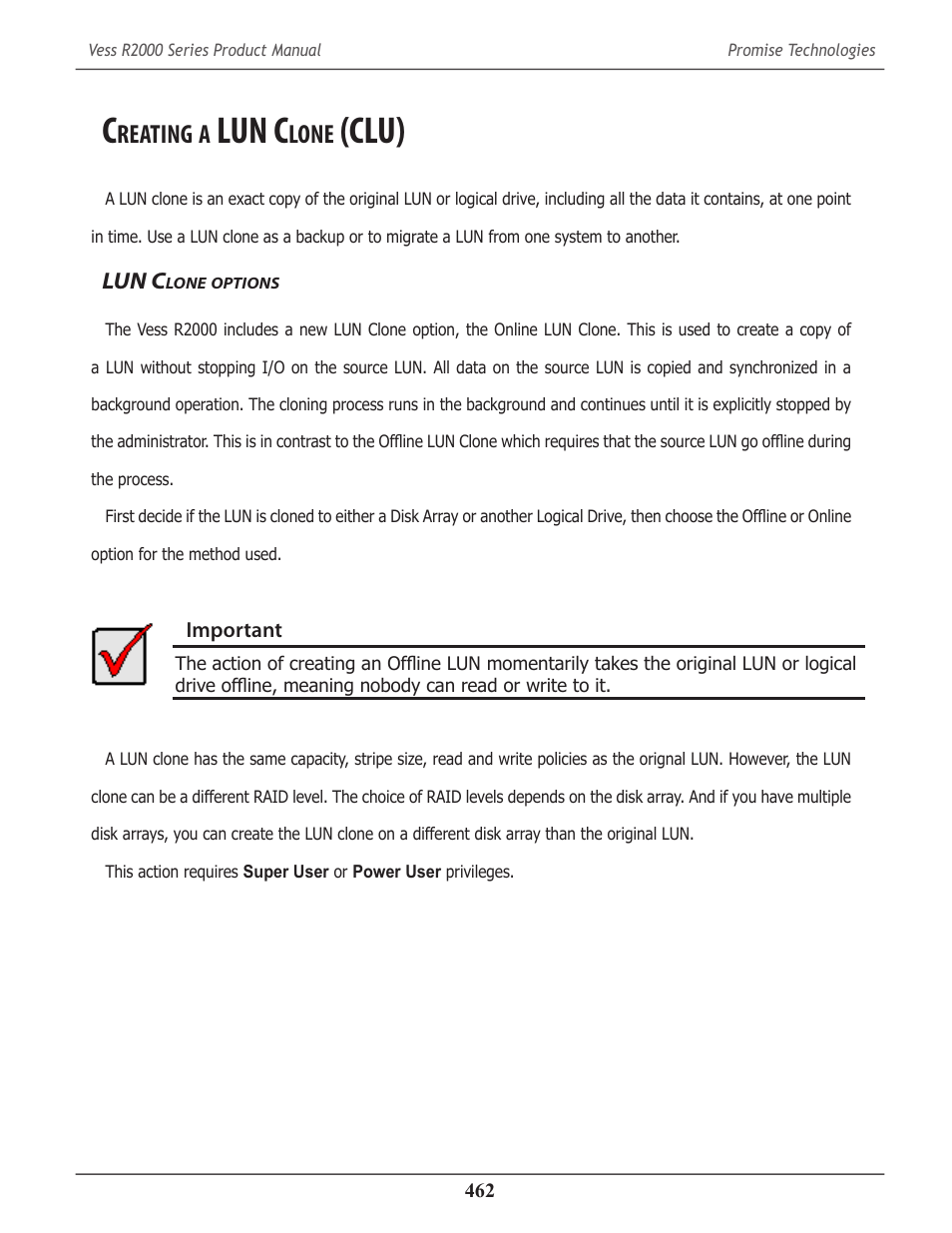 Creating a lun clone (clu), Lun clone options, Reating | Lun c, Lone, Clu) 462, Options, Clu) | Promise Technology 2-Year Extended Warranty for VessR2000 RAID Head User Manual | Page 489 / 705