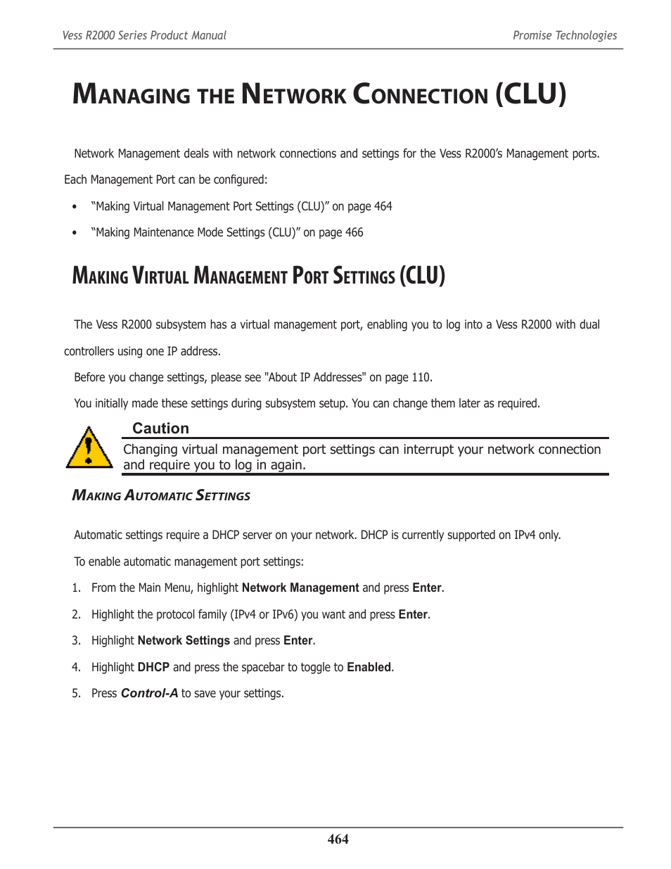 Managing the network connection (clu), Making virtual management port settings (clu), Making automatic settings | Anaging, Etwork, Onnection, Clu), Aking, Irtual, Anagement | Promise Technology 2-Year Extended Warranty for VessR2000 RAID Head User Manual | Page 491 / 705
