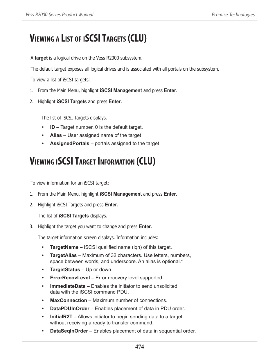 Viewing a list of iscsi targets (clu), Viewing iscsi target information (clu), Iewing | Scsi t, Argets, Clu) 474, Arget, Nformation, Clu) | Promise Technology 2-Year Extended Warranty for VessR2000 RAID Head User Manual | Page 501 / 705