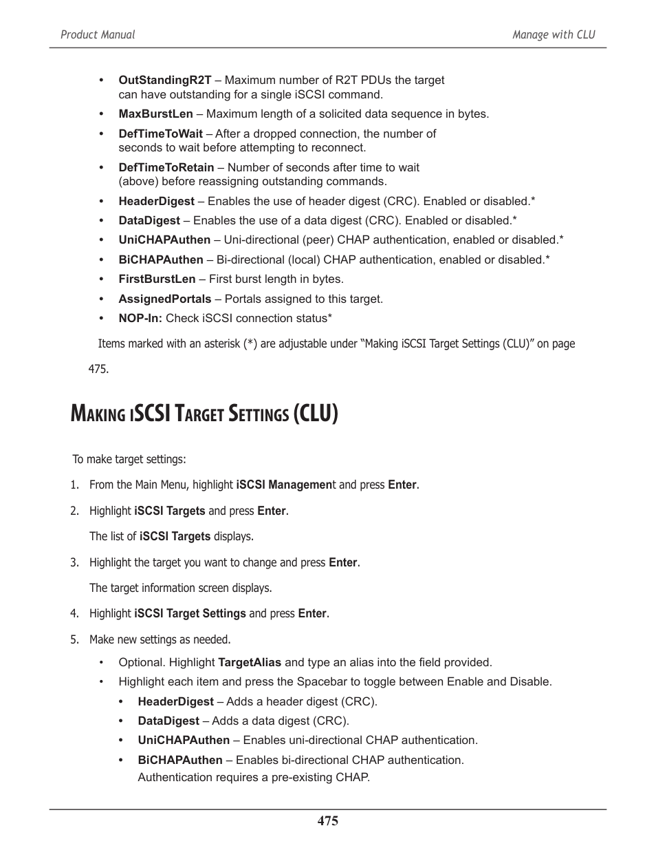 Making iscsi target settings (clu), Aking, Scsi t | Arget, Ettings, Clu) 475, Clu) | Promise Technology 2-Year Extended Warranty for VessR2000 RAID Head User Manual | Page 502 / 705