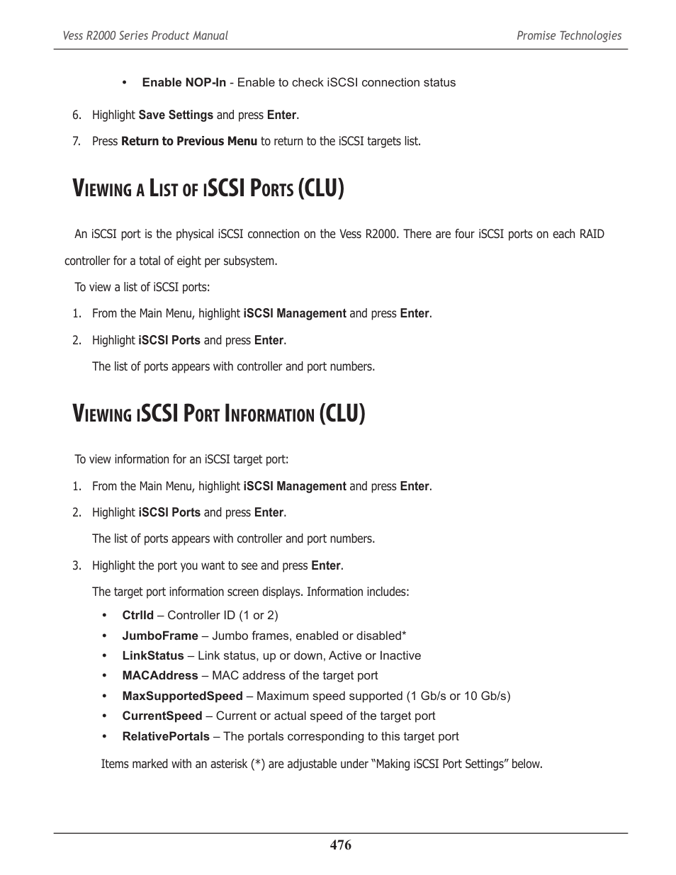 Viewing a list of iscsi ports (clu), Viewing iscsi port information (clu), Iewing | Scsi p, Orts, Clu) 476, Nformation, Clu) | Promise Technology 2-Year Extended Warranty for VessR2000 RAID Head User Manual | Page 503 / 705