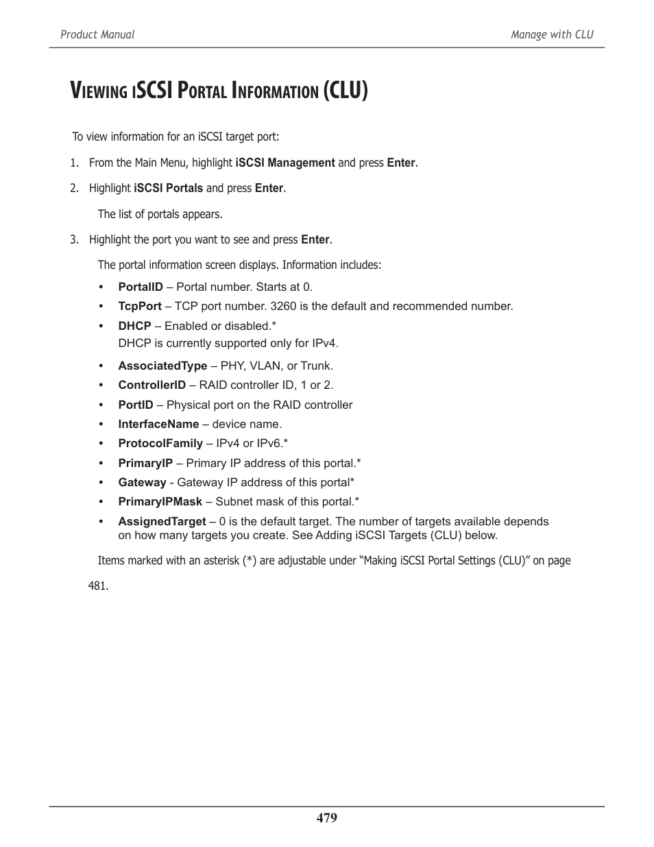 Viewing iscsi portal information (clu), Iewing, Scsi p | Ortal, Nformation, Clu) | Promise Technology 2-Year Extended Warranty for VessR2000 RAID Head User Manual | Page 506 / 705