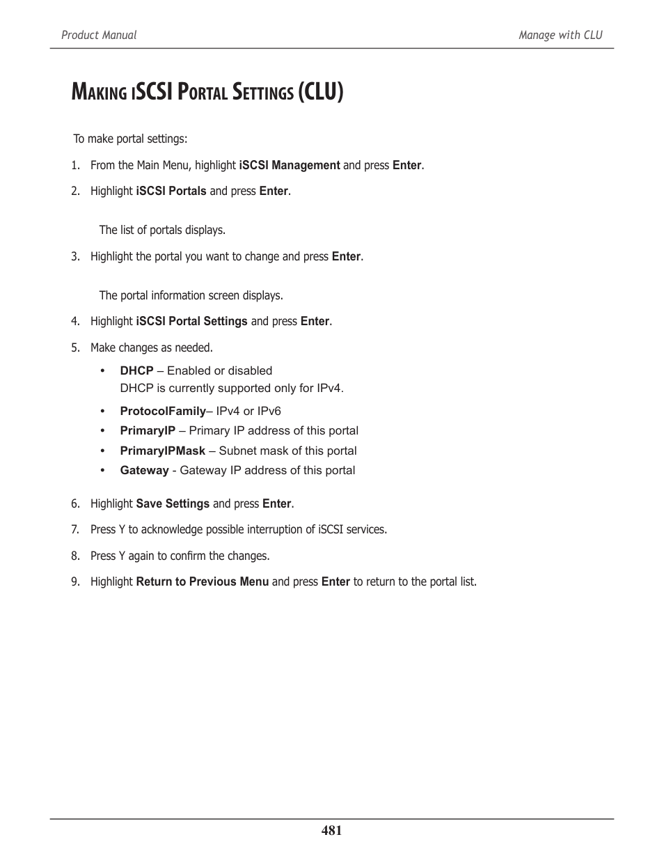 Making iscsi portal settings (clu), Aking, Scsi p | Ortal, Ettings, Clu) 481, Clu) | Promise Technology 2-Year Extended Warranty for VessR2000 RAID Head User Manual | Page 508 / 705
