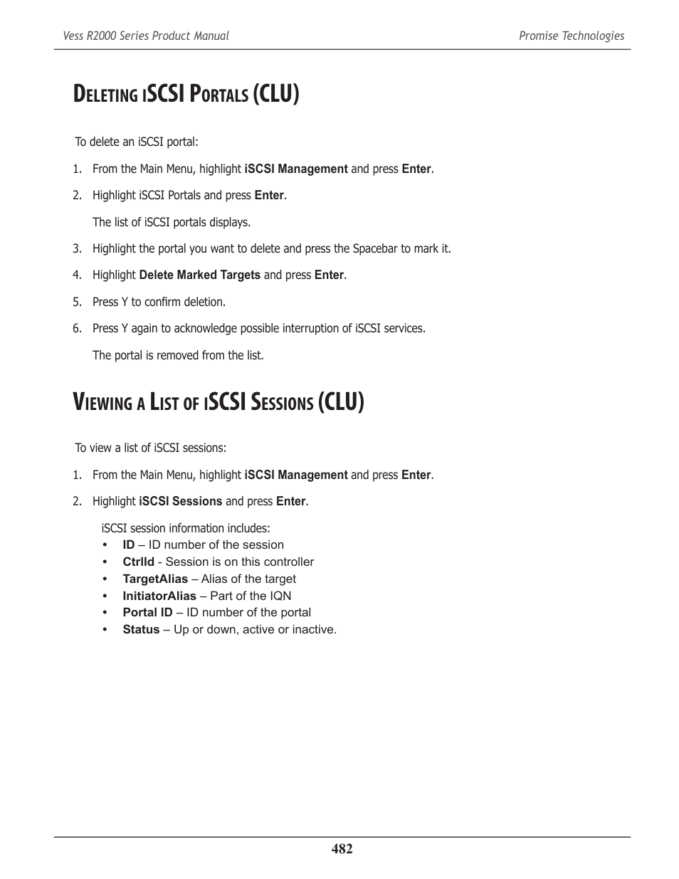 Deleting iscsi portals (clu), Viewing a list of iscsi sessions (clu), Eleting | Scsi p, Ortals, Clu), Iewing, Scsi s, Essions, Clu) 482 | Promise Technology 2-Year Extended Warranty for VessR2000 RAID Head User Manual | Page 509 / 705