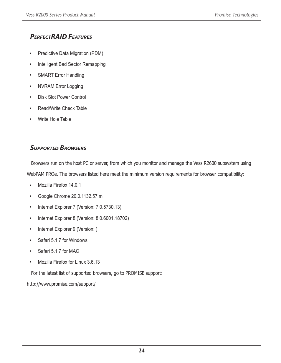 Supported browsers, Perfectraid features, Upported | Rowsers, Erfect, Raid f, Eatures | Promise Technology 2-Year Extended Warranty for VessR2000 RAID Head User Manual | Page 51 / 705