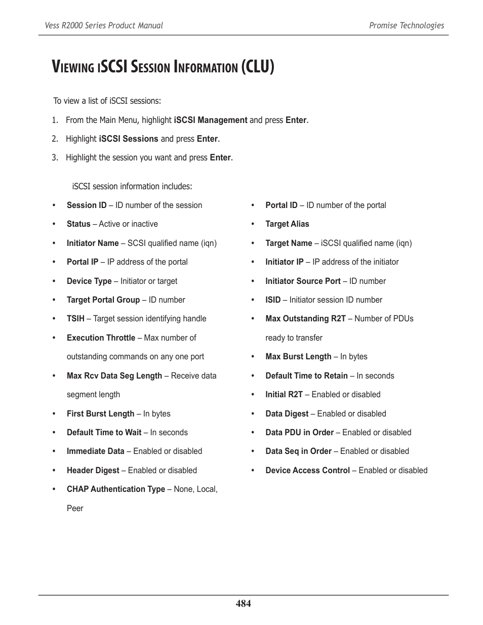 Viewing iscsi session information (clu), Iewing, Scsi s | Ession, Nformation, Clu) | Promise Technology 2-Year Extended Warranty for VessR2000 RAID Head User Manual | Page 511 / 705