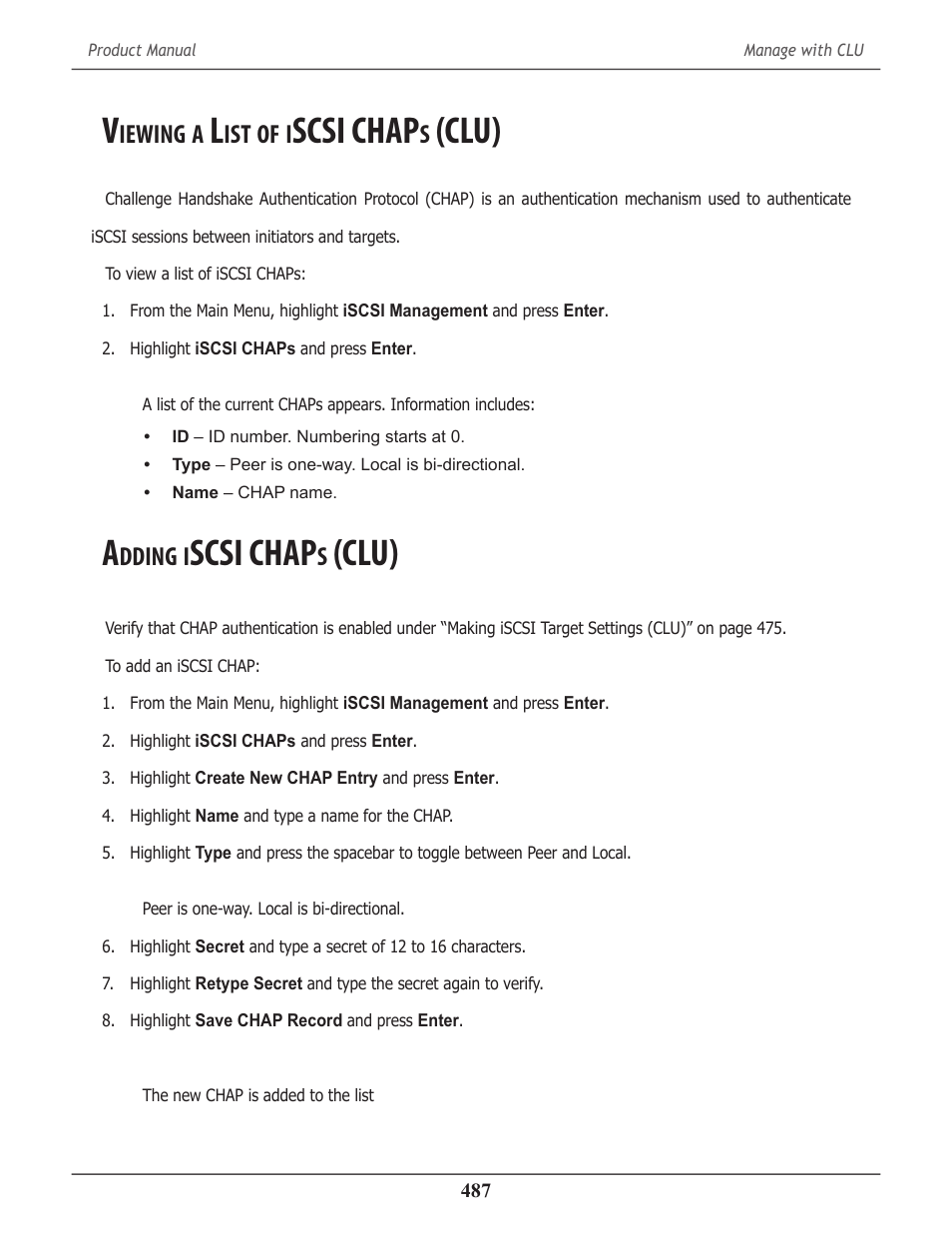 Viewing a list of iscsi chaps (clu), Adding iscsi chaps (clu), Iewing | Scsi chap, Clu) 487, Dding, Clu) | Promise Technology 2-Year Extended Warranty for VessR2000 RAID Head User Manual | Page 514 / 705