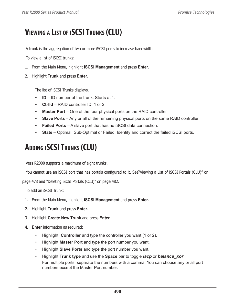 Viewing a list of iscsi trunks (clu), Adding iscsi trunks (clu), Iewing | Scsi t, Runks, Clu) 490, Dding, Clu) | Promise Technology 2-Year Extended Warranty for VessR2000 RAID Head User Manual | Page 517 / 705