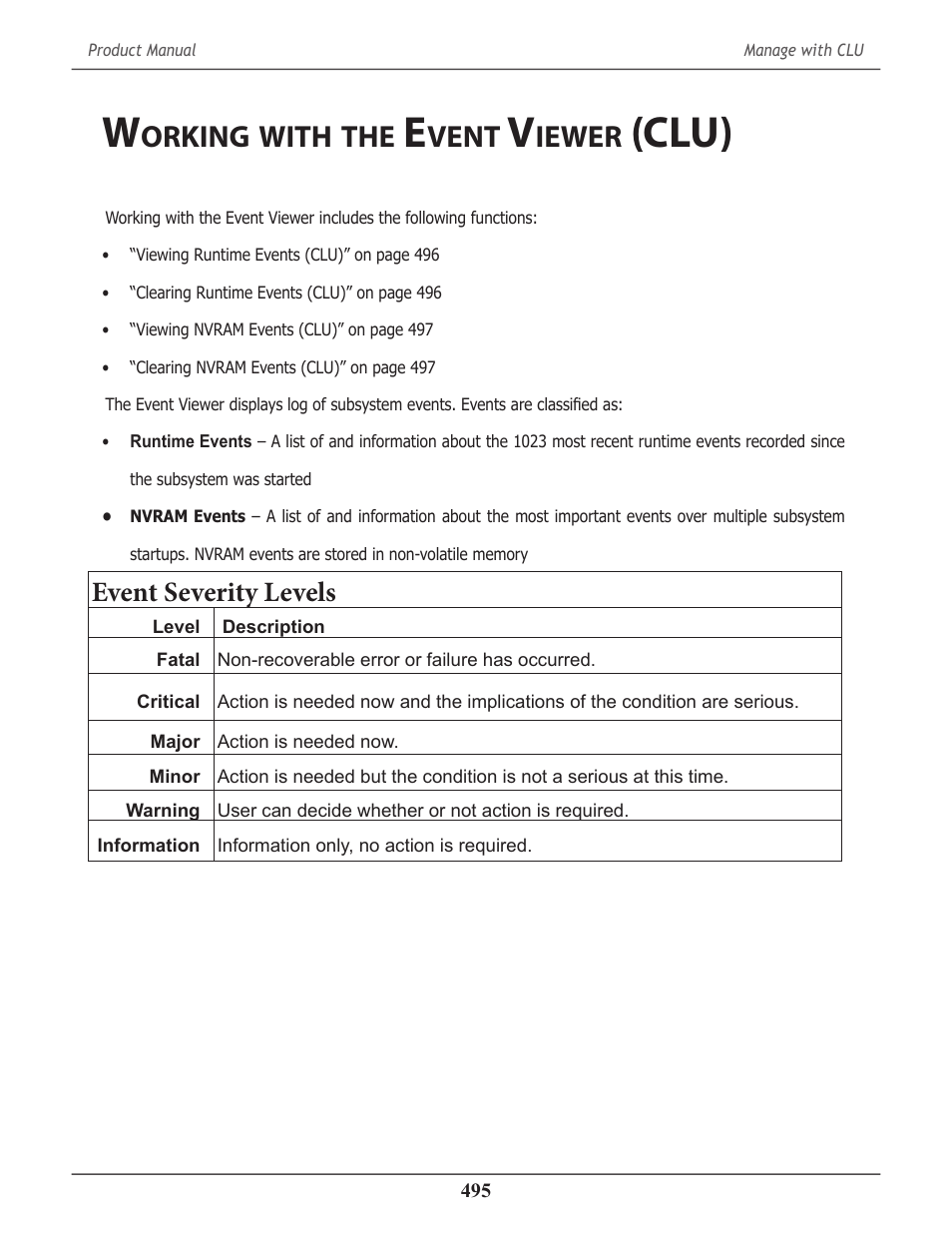 Working with the event viewer (clu), Orking, With | Vent, Iewer, Clu) 495, Clu), Event severity levels | Promise Technology 2-Year Extended Warranty for VessR2000 RAID Head User Manual | Page 522 / 705