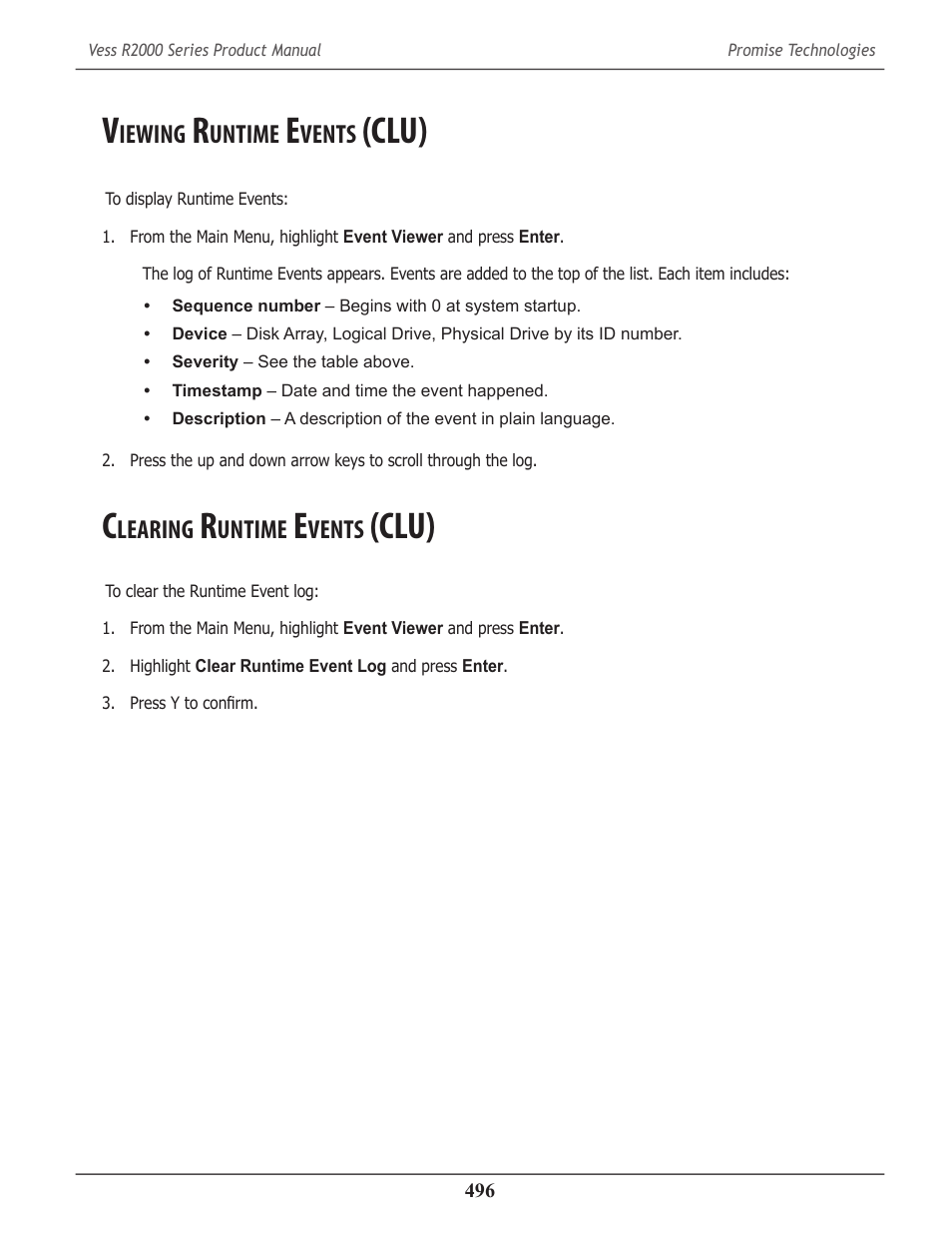 Viewing runtime events (clu), Clearing runtime events (clu), Iewing | Untime, Vents, Clu), Learing | Promise Technology 2-Year Extended Warranty for VessR2000 RAID Head User Manual | Page 523 / 705
