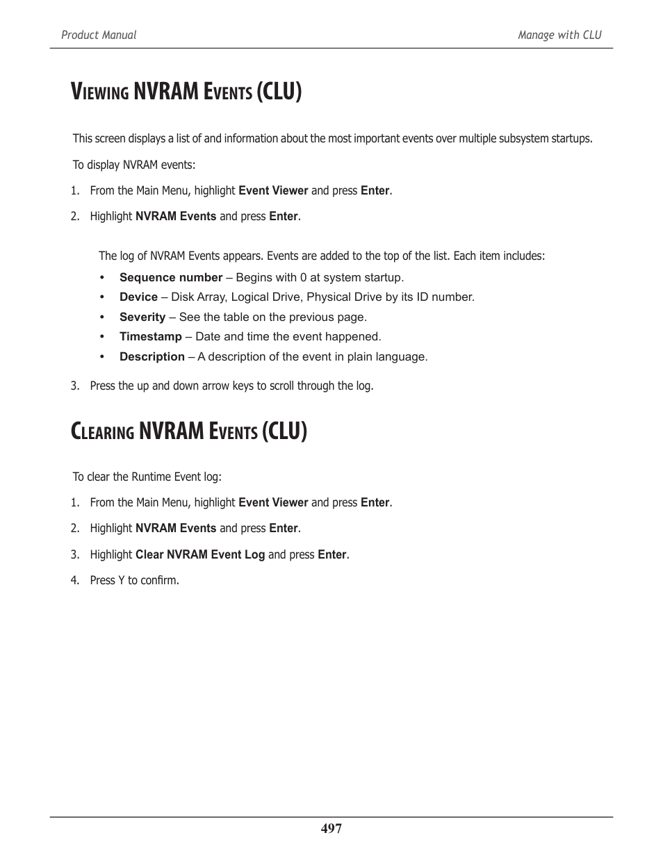 Viewing nvram events (clu), Clearing nvram events (clu), Iewing | Nvram e, Vents, Clu), Learing | Promise Technology 2-Year Extended Warranty for VessR2000 RAID Head User Manual | Page 524 / 705