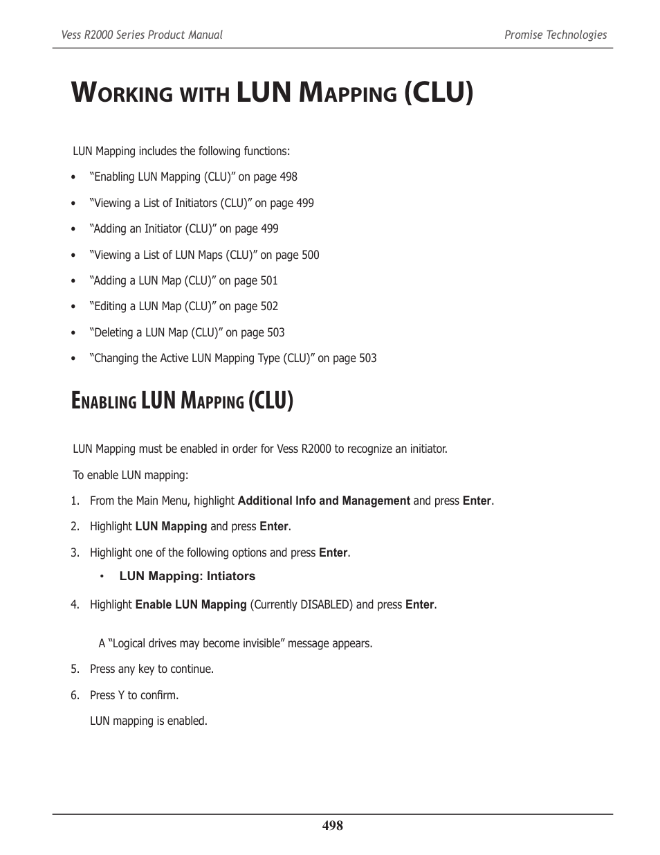 Working with lun mapping (clu), Enabling lun mapping (clu), Orking | With, Lun m, Apping, Clu), Nabling | Promise Technology 2-Year Extended Warranty for VessR2000 RAID Head User Manual | Page 525 / 705