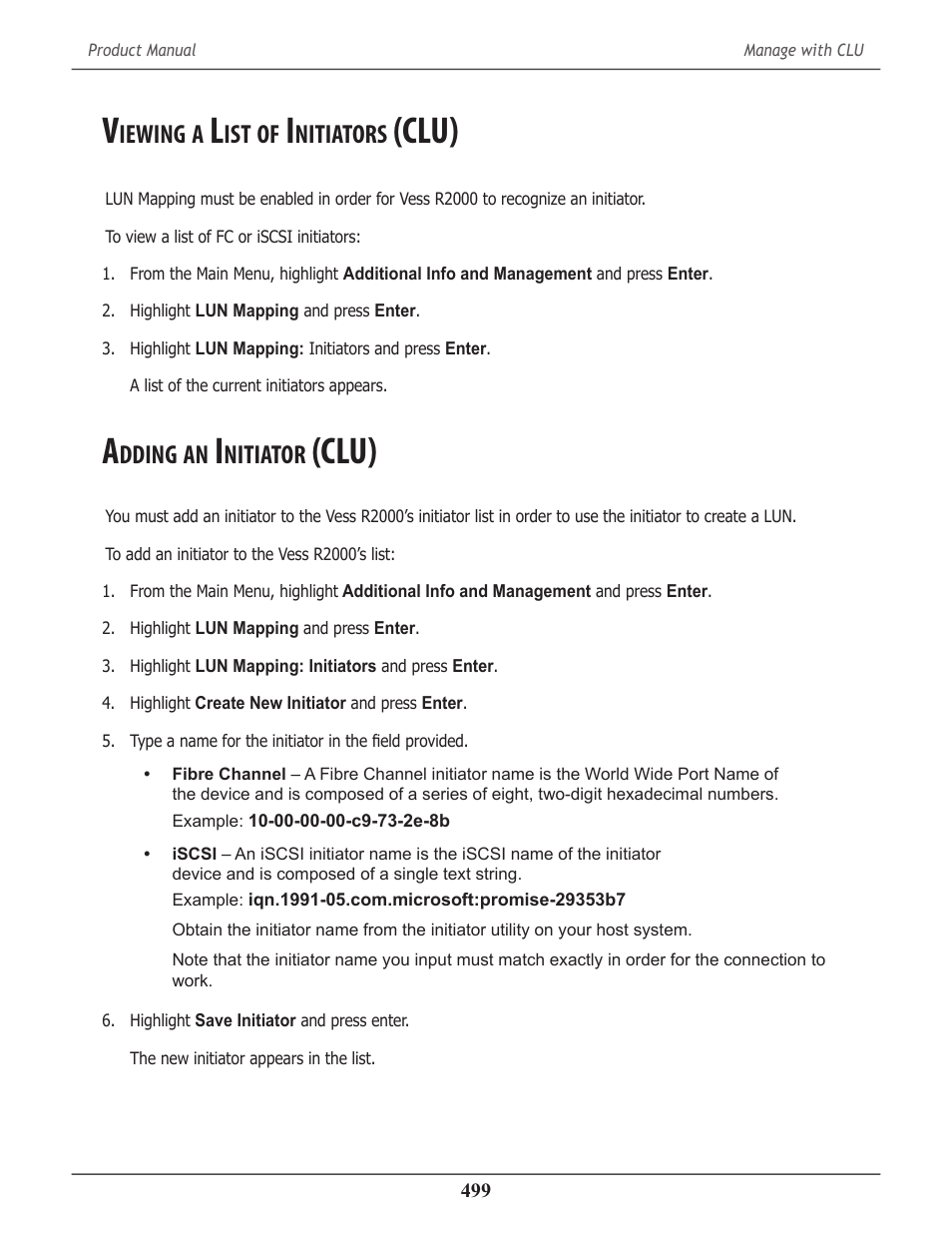 Viewing a list of initiators (clu), Adding an initiator (clu), Iewing | Nitiators, Clu), Dding, Nitiator, Clu) 499 | Promise Technology 2-Year Extended Warranty for VessR2000 RAID Head User Manual | Page 526 / 705