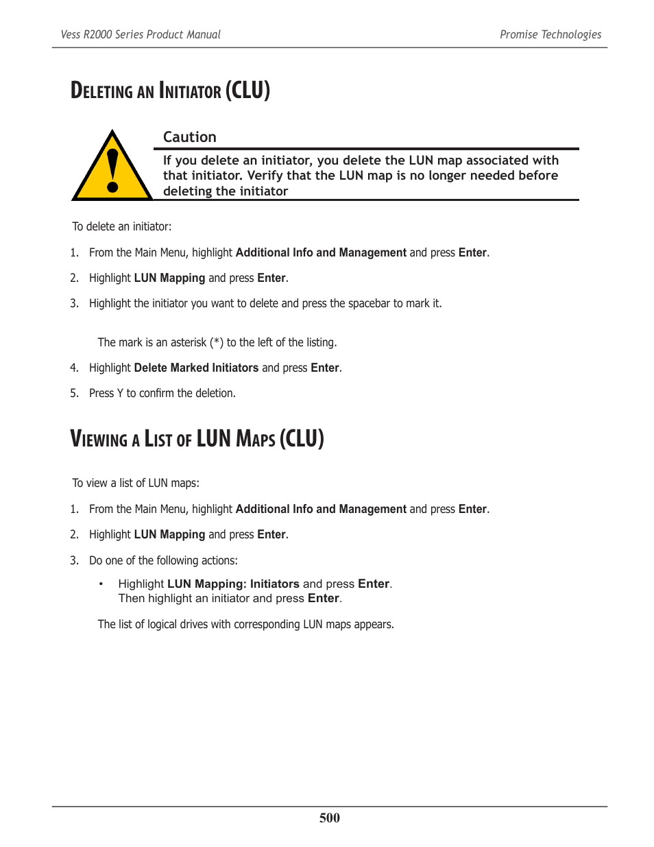 Deleting an initiator (clu), Viewing a list of lun maps (clu), Eleting | Nitiator, Clu) 500, Iewing, Lun m, Clu) | Promise Technology 2-Year Extended Warranty for VessR2000 RAID Head User Manual | Page 527 / 705