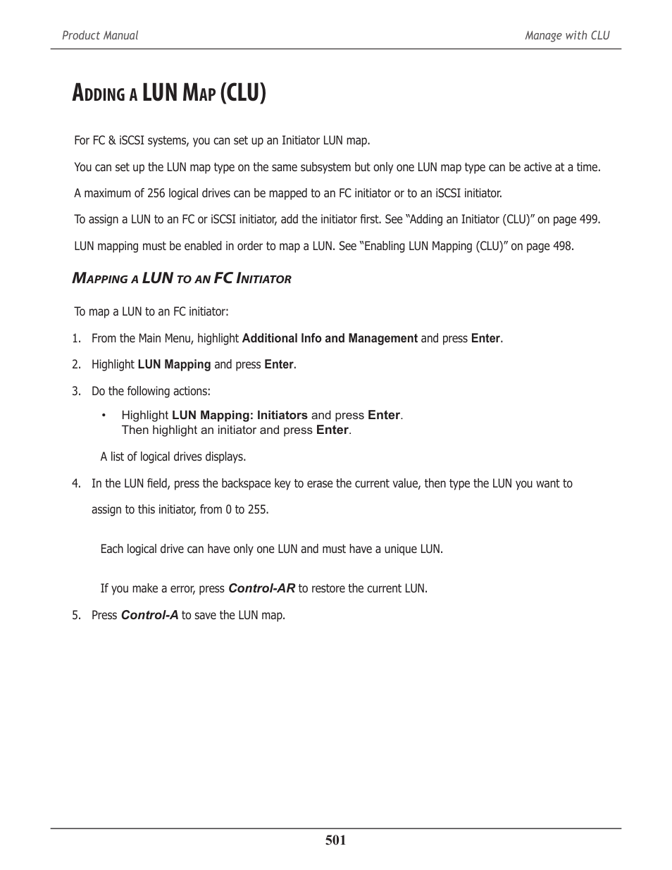 Adding a lun map (clu), Mapping a lun to an fc initiator, Dding | Lun m, Clu) 501, Apping, Fc i, Nitiator, Clu) | Promise Technology 2-Year Extended Warranty for VessR2000 RAID Head User Manual | Page 528 / 705