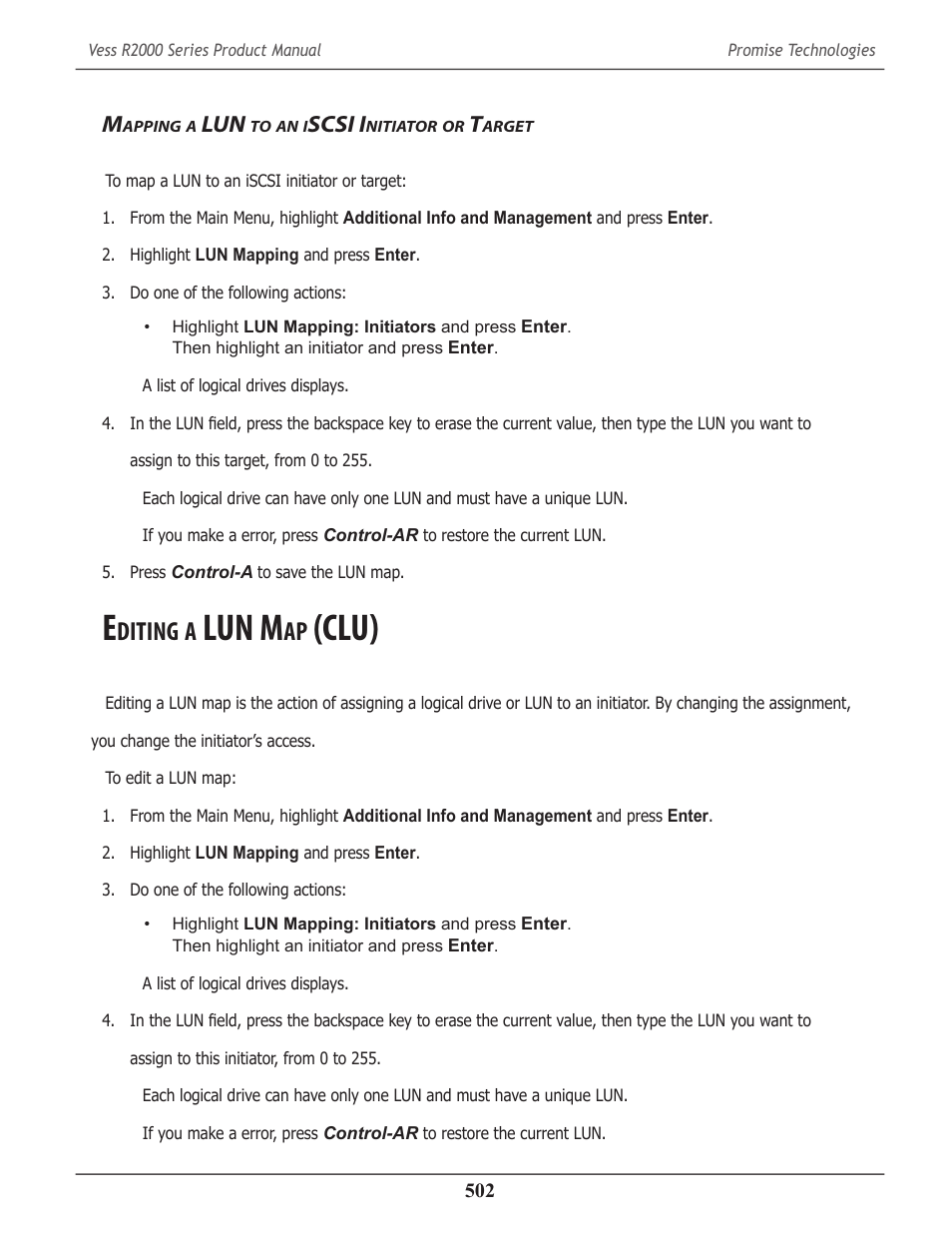 Mapping a lun to an iscsi initiator or target, Editing a lun map (clu), Apping | Scsi i, Nitiator, Arget, Diting, Lun m, Clu) 502, Clu) | Promise Technology 2-Year Extended Warranty for VessR2000 RAID Head User Manual | Page 529 / 705