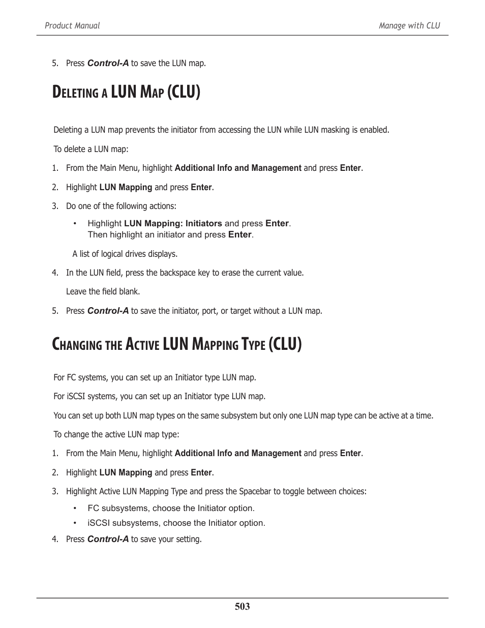 Deleting a lun map (clu), Changing the active lun mapping type (clu), Eleting | Lun m, Clu) 503, Hanging, Ctive, Apping, Clu) | Promise Technology 2-Year Extended Warranty for VessR2000 RAID Head User Manual | Page 530 / 705