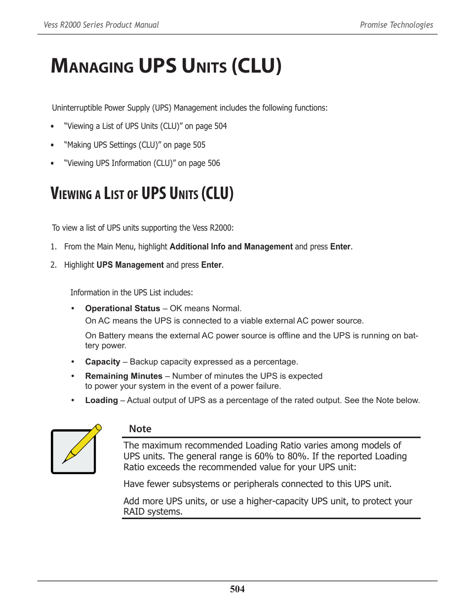 Managing ups units (clu), Viewing a list of ups units (clu), Anaging | Ups u, Nits, Clu) 504, Iewing, Clu) | Promise Technology 2-Year Extended Warranty for VessR2000 RAID Head User Manual | Page 531 / 705