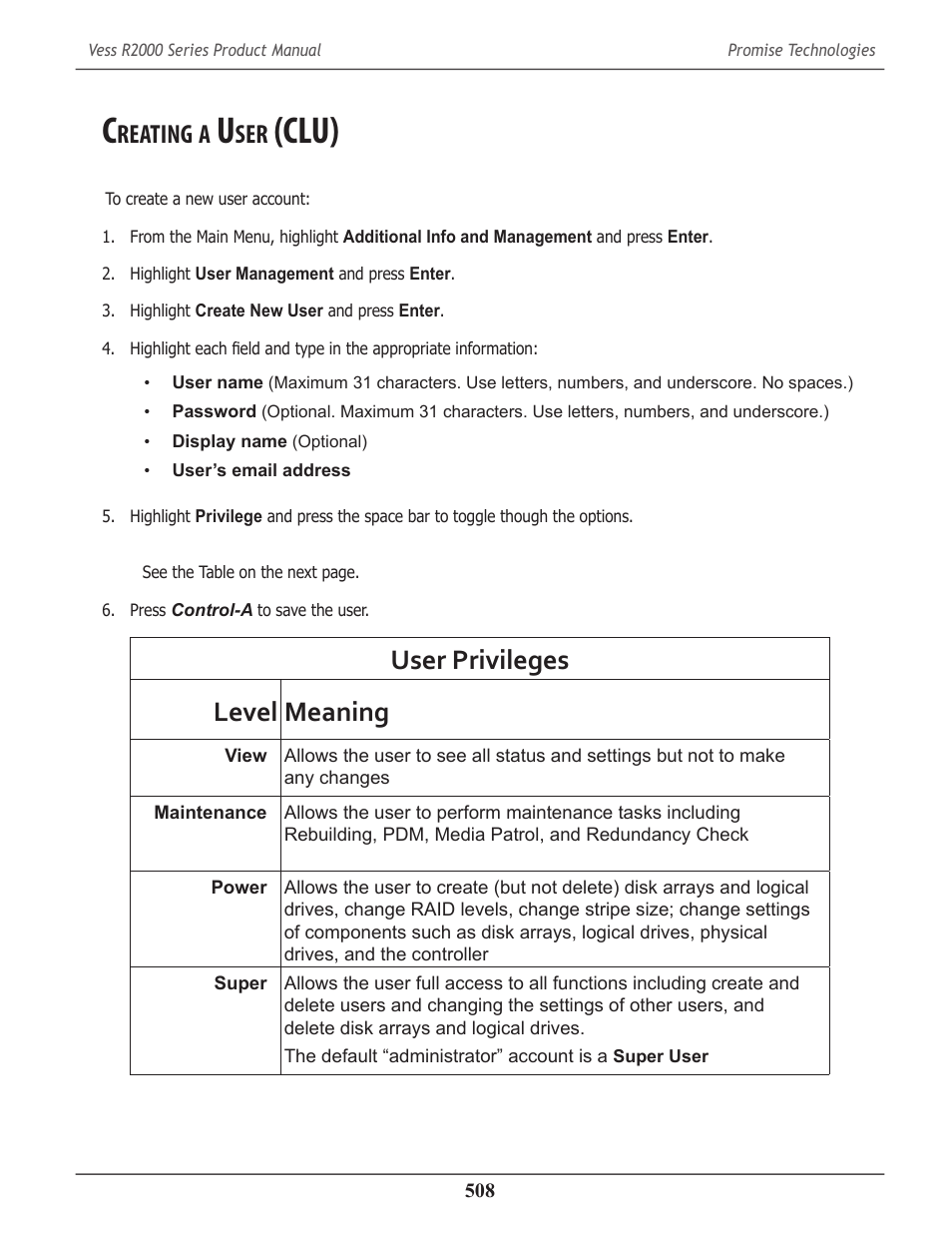 Creating a user (clu), Reating, Clu) | User privileges level meaning | Promise Technology 2-Year Extended Warranty for VessR2000 RAID Head User Manual | Page 535 / 705