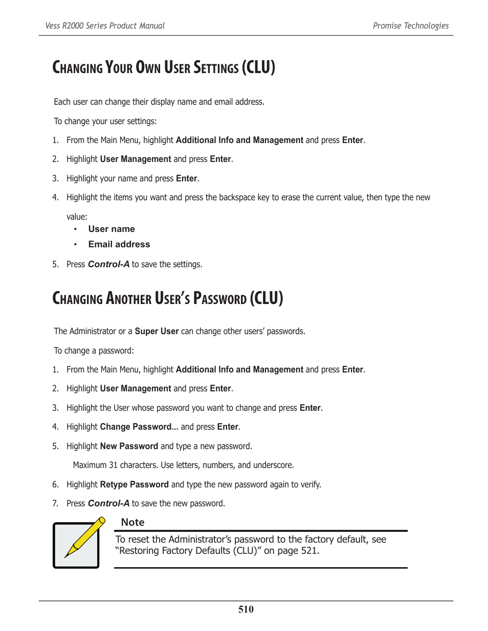 Changing your own user settings (clu), Changing another user’s password (clu), Hanging | Ettings, Clu), Nother, Assword | Promise Technology 2-Year Extended Warranty for VessR2000 RAID Head User Manual | Page 537 / 705