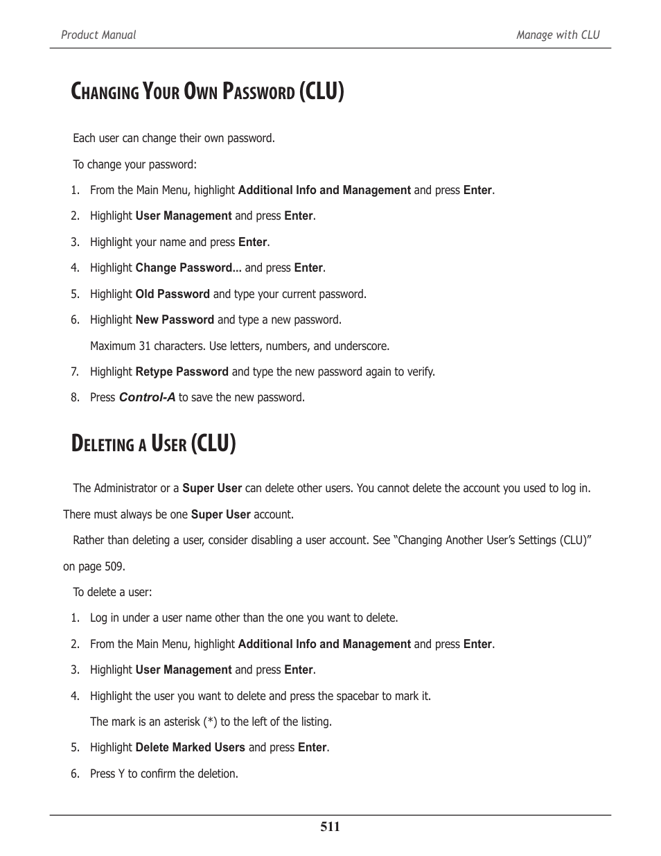 Changing your own password (clu), Deleting a user (clu), Hanging | Assword, Clu) 511, Eleting, Clu) | Promise Technology 2-Year Extended Warranty for VessR2000 RAID Head User Manual | Page 538 / 705