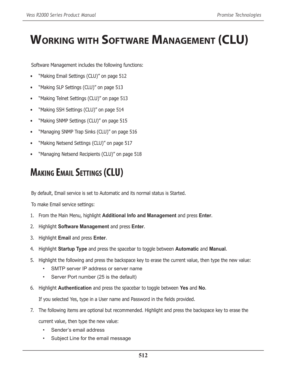 Working with software management (clu), Making email settings (clu), Orking | With, Oftware, Anagement, Clu), Aking, Mail, Ettings | Promise Technology 2-Year Extended Warranty for VessR2000 RAID Head User Manual | Page 539 / 705