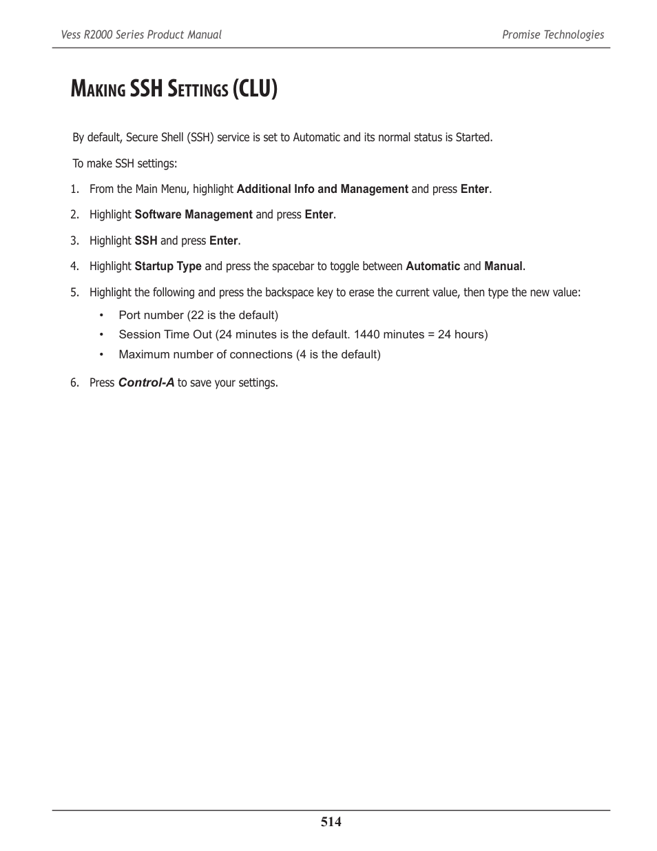 Making ssh settings (clu), Aking, Ssh s | Ettings, Clu) 514, Clu) | Promise Technology 2-Year Extended Warranty for VessR2000 RAID Head User Manual | Page 541 / 705