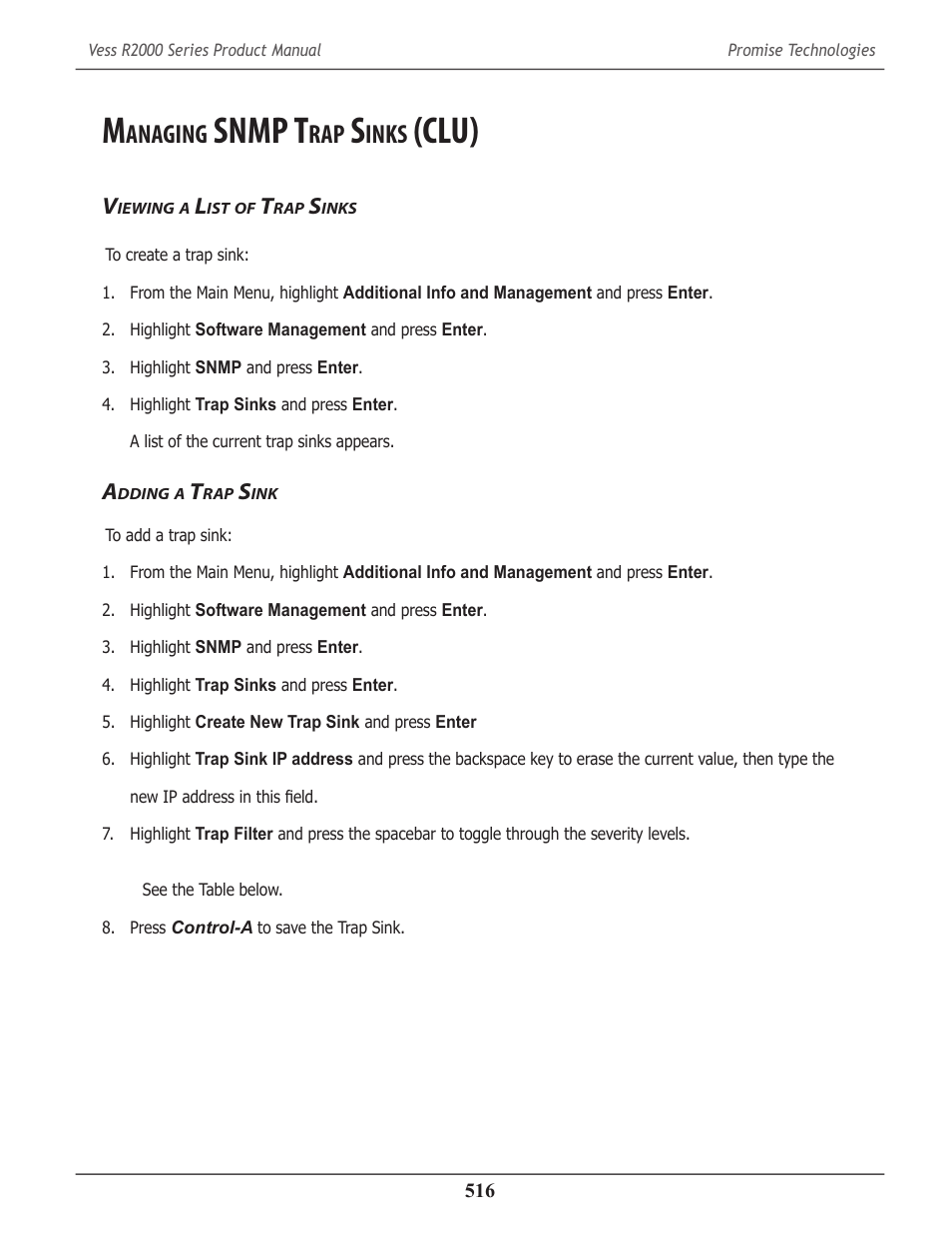 Managing snmp trap sinks (clu), Viewing a list of trap sinks, Adding a trap sink | Anaging, Snmp t, Inks, Clu), Iewing, Dding | Promise Technology 2-Year Extended Warranty for VessR2000 RAID Head User Manual | Page 543 / 705