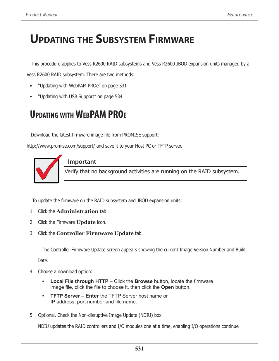 Updating the subsystem firmware, Updating with webpam proe, Pdating | Ubsystem, Irmware, With, Pam pro | Promise Technology 2-Year Extended Warranty for VessR2000 RAID Head User Manual | Page 558 / 705