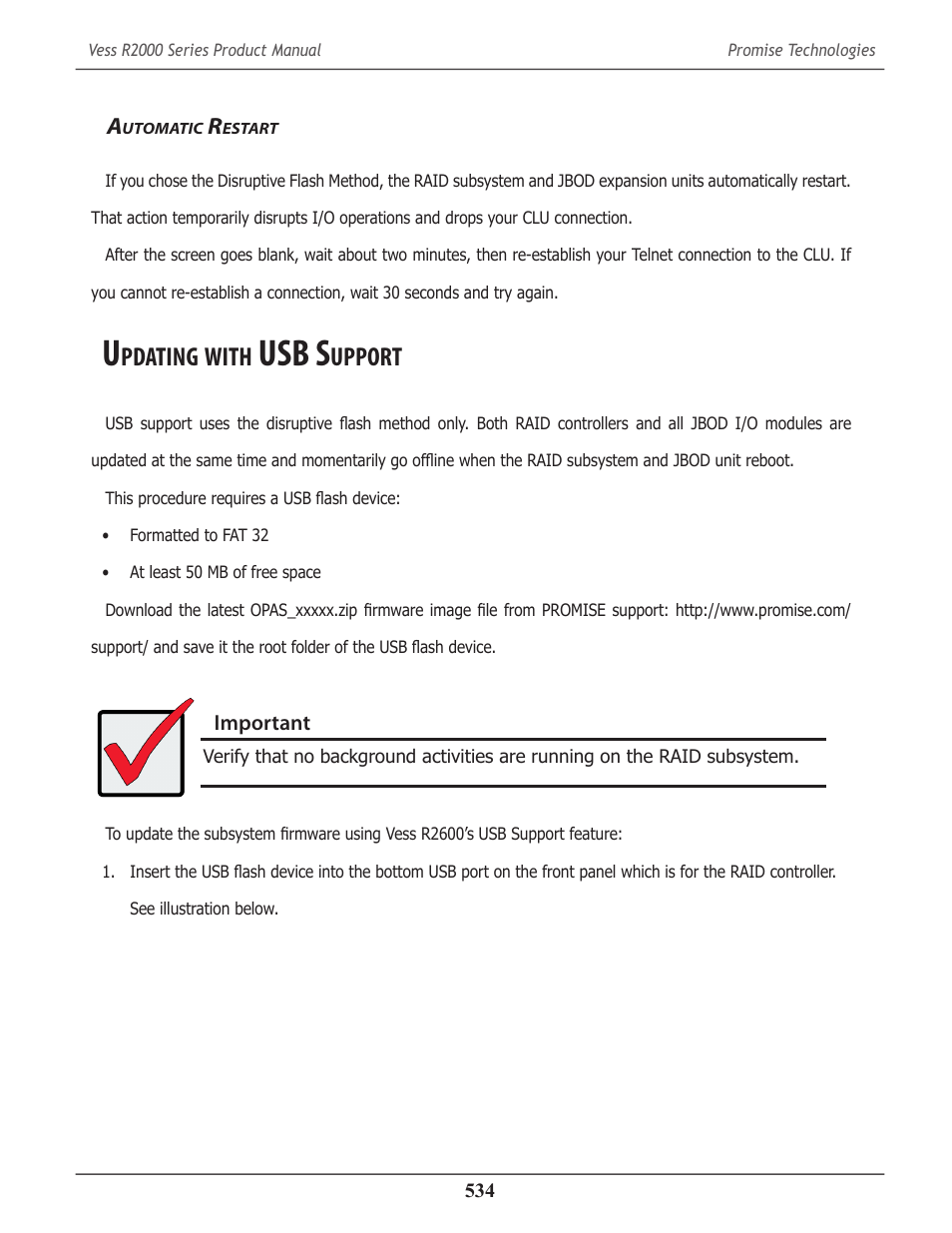 Automatic restart, Updating with usb support, Utomatic | Estart, Pdating, With, Usb s, Upport | Promise Technology 2-Year Extended Warranty for VessR2000 RAID Head User Manual | Page 561 / 705