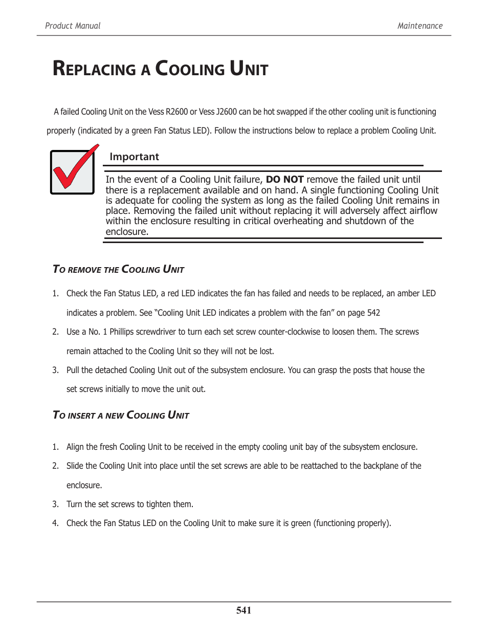 Replacing a cooling unit, To remove the cooling unit, To insert a new cooling unit | Eplacing, Ooling, Remove, Insert | Promise Technology 2-Year Extended Warranty for VessR2000 RAID Head User Manual | Page 568 / 705