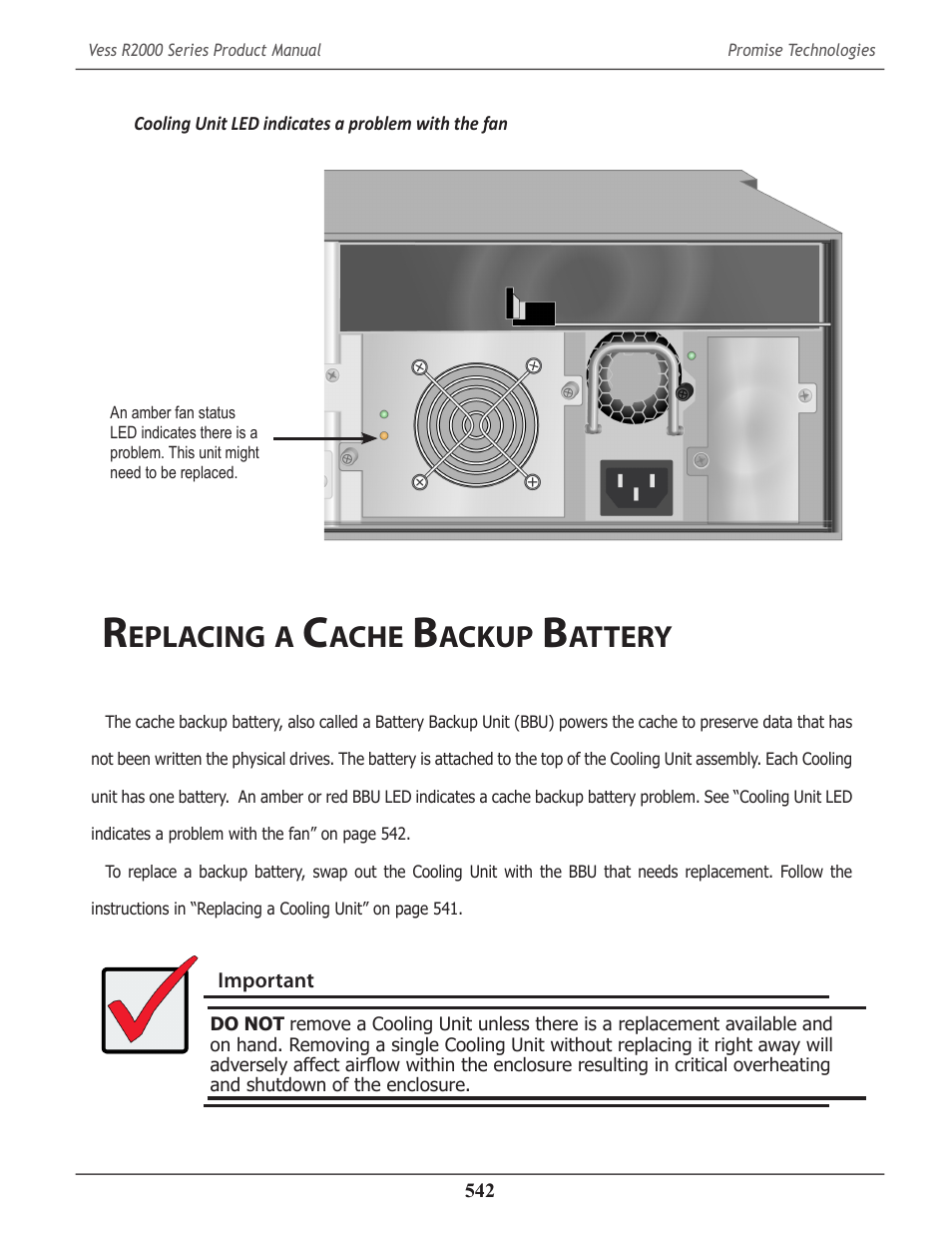 Replacing a cache backup battery, Eplacing, Ache | Ackup, Attery, Replacing a cache | Promise Technology 2-Year Extended Warranty for VessR2000 RAID Head User Manual | Page 569 / 705