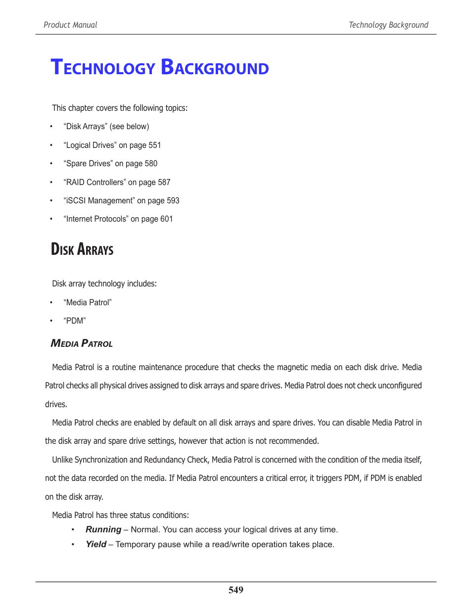 Technology background, Disk arrays, Media patrol | Technology background 549, Rrays, Edia, Atrol, Echnology, Ackground | Promise Technology 2-Year Extended Warranty for VessR2000 RAID Head User Manual | Page 576 / 705