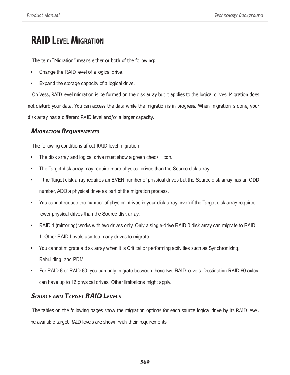 Raid level migration, Migration requirements, Source and target raid levels | Raid l, Evel, Igration, Equirements, Ource, Arget, Evels | Promise Technology 2-Year Extended Warranty for VessR2000 RAID Head User Manual | Page 596 / 705