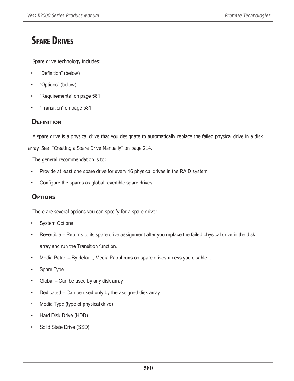 Spare drives, Definition, Options | Pare, Rives, Efinition, Ptions | Promise Technology 2-Year Extended Warranty for VessR2000 RAID Head User Manual | Page 607 / 705