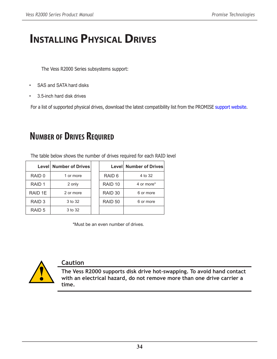 Installing physical drives, Number of drives required, Nstalling | Hysical, Rives, Umber, Equired | Promise Technology 2-Year Extended Warranty for VessR2000 RAID Head User Manual | Page 61 / 705