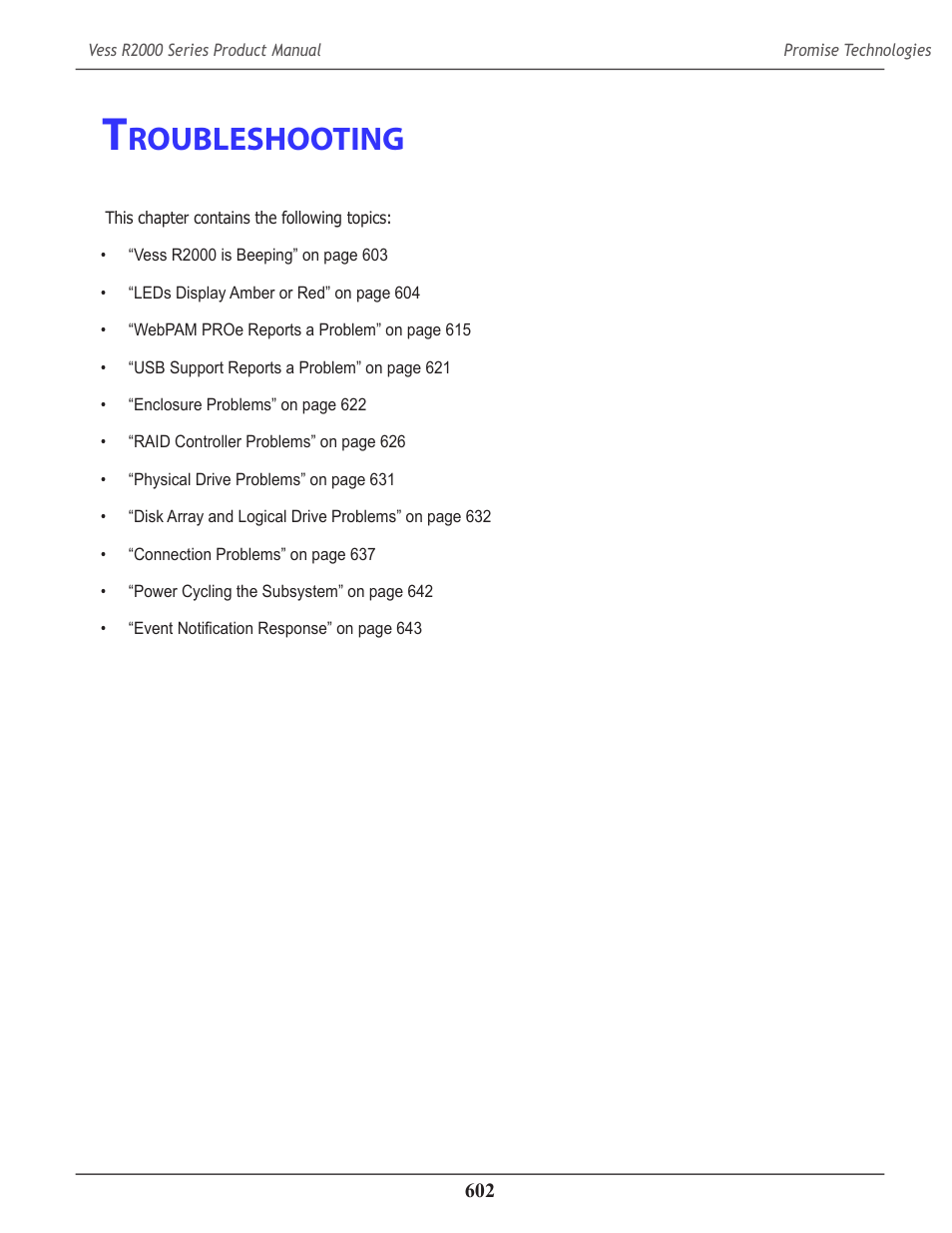 Troubleshooting, Roubleshooting | Promise Technology 2-Year Extended Warranty for VessR2000 RAID Head User Manual | Page 629 / 705