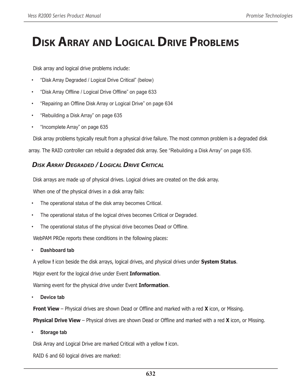 Disk array and logical drive problems, Disk array degraded / logical drive critical, Rray | Ogical, Rive, Roblems, Egraded, Ritical | Promise Technology 2-Year Extended Warranty for VessR2000 RAID Head User Manual | Page 659 / 705