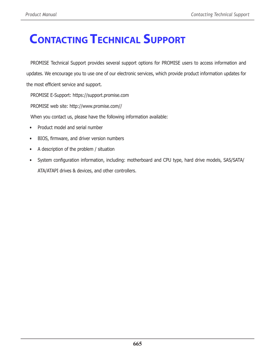Contacting technical support, Contacting technical support 665, Ontacting | Echnical, Upport | Promise Technology 2-Year Extended Warranty for VessR2000 RAID Head User Manual | Page 692 / 705