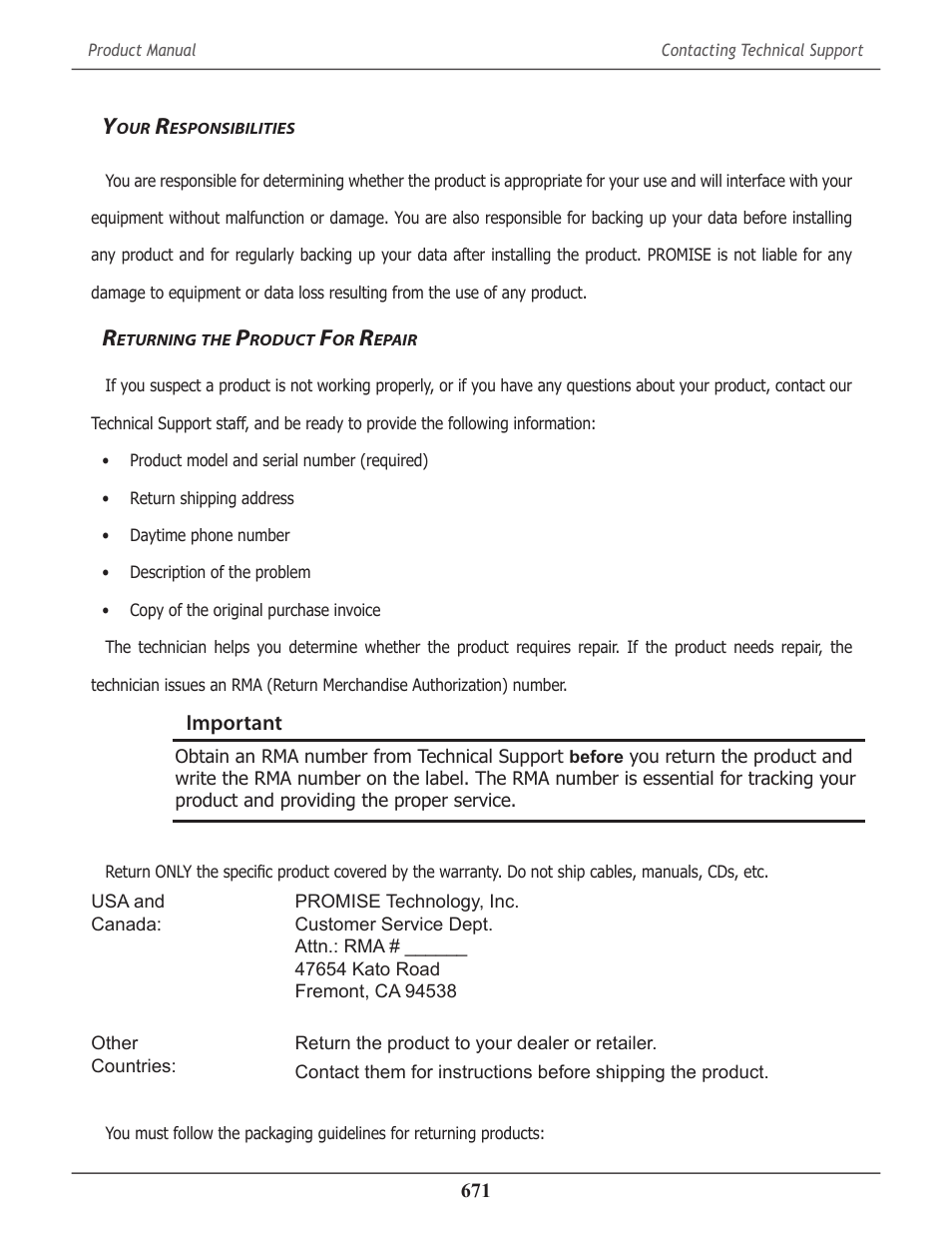 Your responsibilities, Returning the product for repair, Esponsibilities | Eturning, Roduct, Epair | Promise Technology 2-Year Extended Warranty for VessR2000 RAID Head User Manual | Page 698 / 705