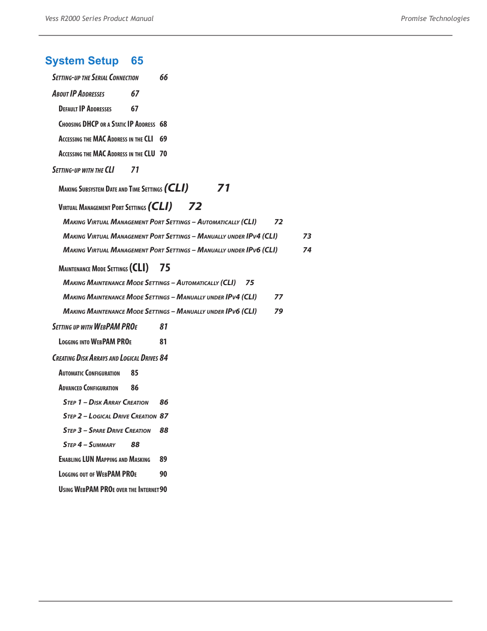 Cli) 71, Cli) 72, Cli) 75 | System setup 65, 66 a, Ip a, Cli 71, Pam pro | Promise Technology 2-Year Extended Warranty for VessR2000 RAID Head User Manual | Page 7 / 705