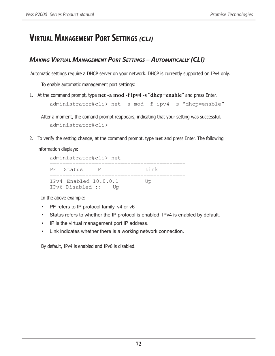 Virtual management port settings (cli), Irtual, Anagement | Ettings, Cli) 72, Aking, Utomatically, Cli) | Promise Technology 2-Year Extended Warranty for VessR2000 RAID Head User Manual | Page 99 / 705