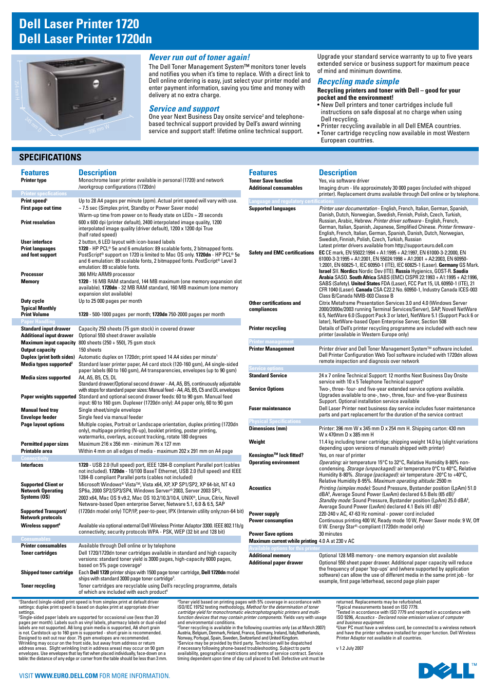 Specifications, Never run out of toner again, Service and support | Recycling made simple, Features description | Dell 1720 User Manual | Page 2 / 2