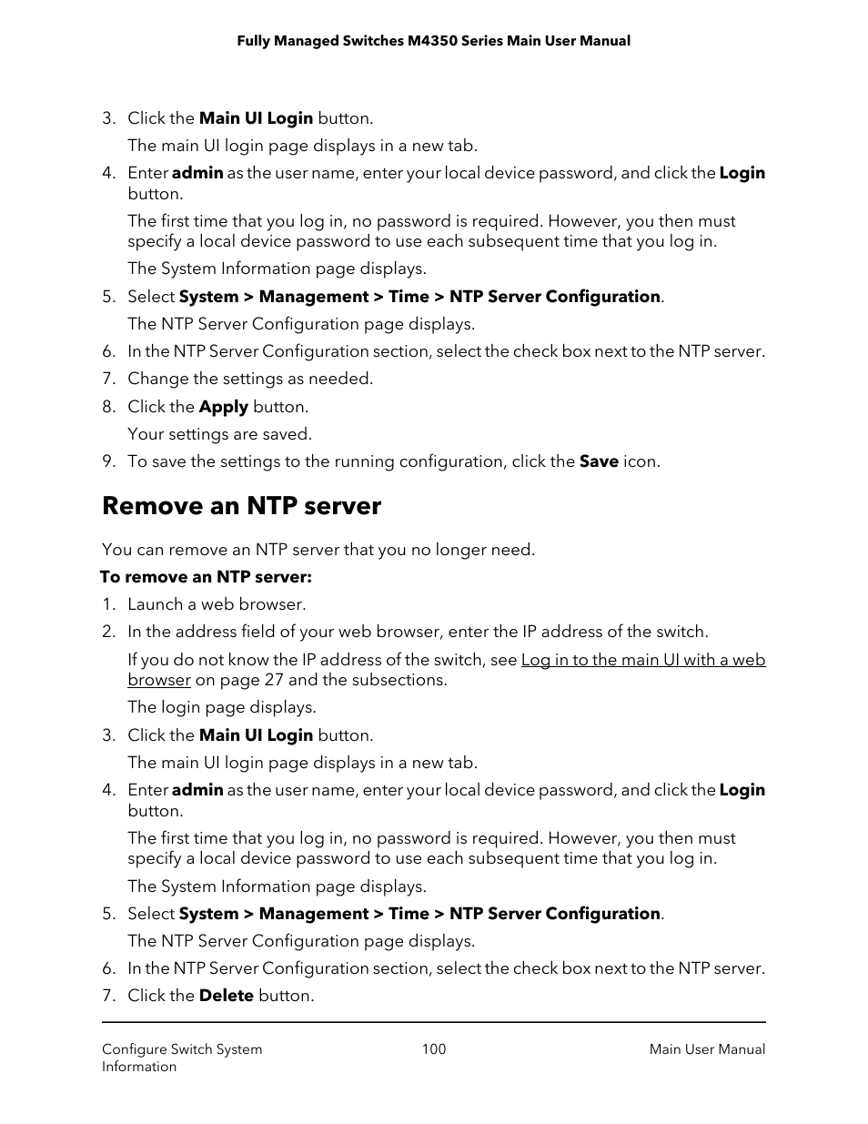 Remove an ntp server | NETGEAR M4350-24F4V 24-Port 10G SFP+ Managed AV Network Switch User Manual | Page 100 / 971